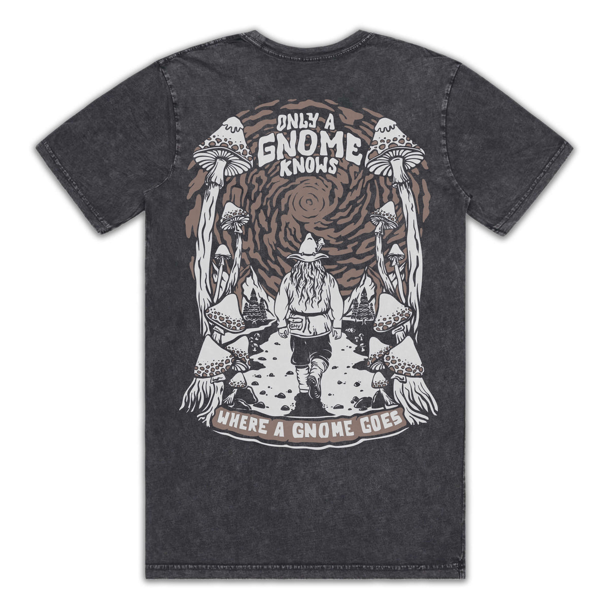 Black t-shirt with a graphic design of a gnome and mushrooms on the back, on a white background.