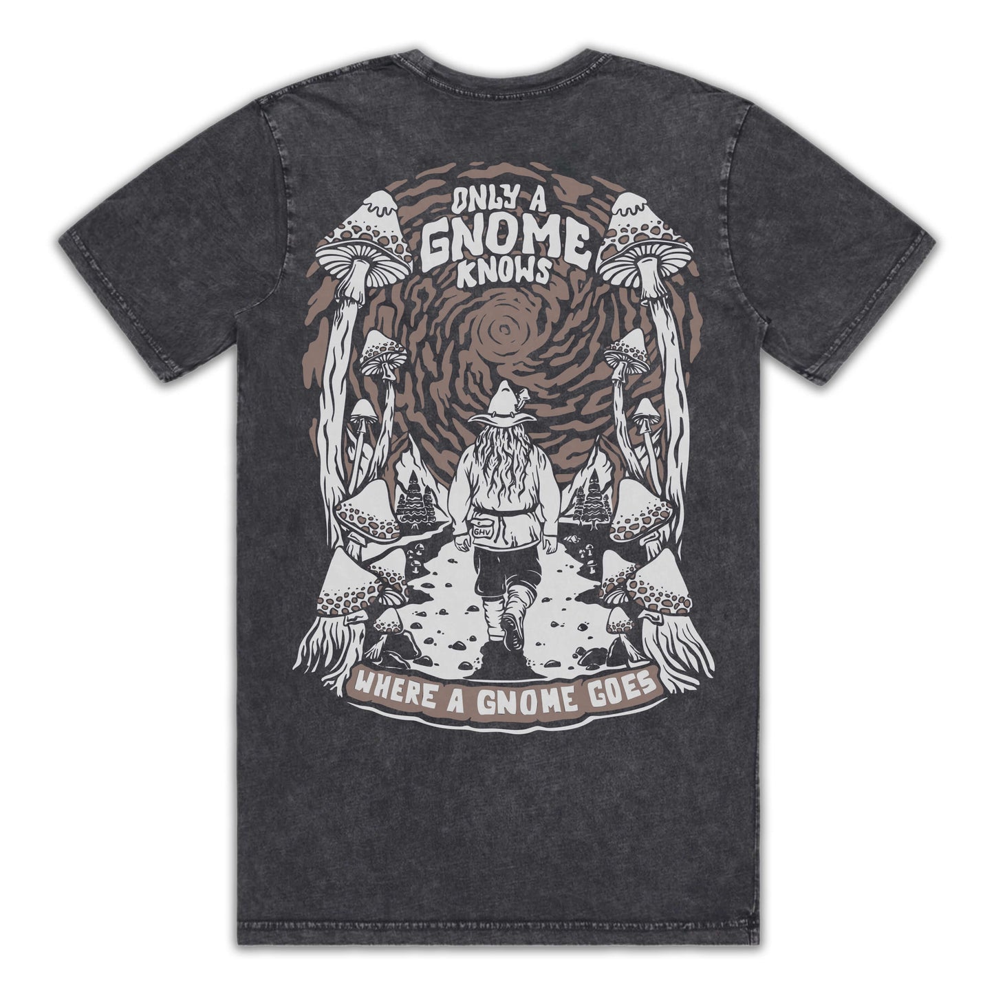 Black t-shirt with a graphic design of a gnome and mushrooms on the back, on a white background.