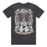 Black t-shirt with a graphic design of a gnome and mushrooms on the back, on a white background.