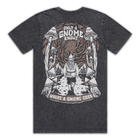 Black t-shirt with a graphic design of a gnome and mushrooms on the back, on a white background.