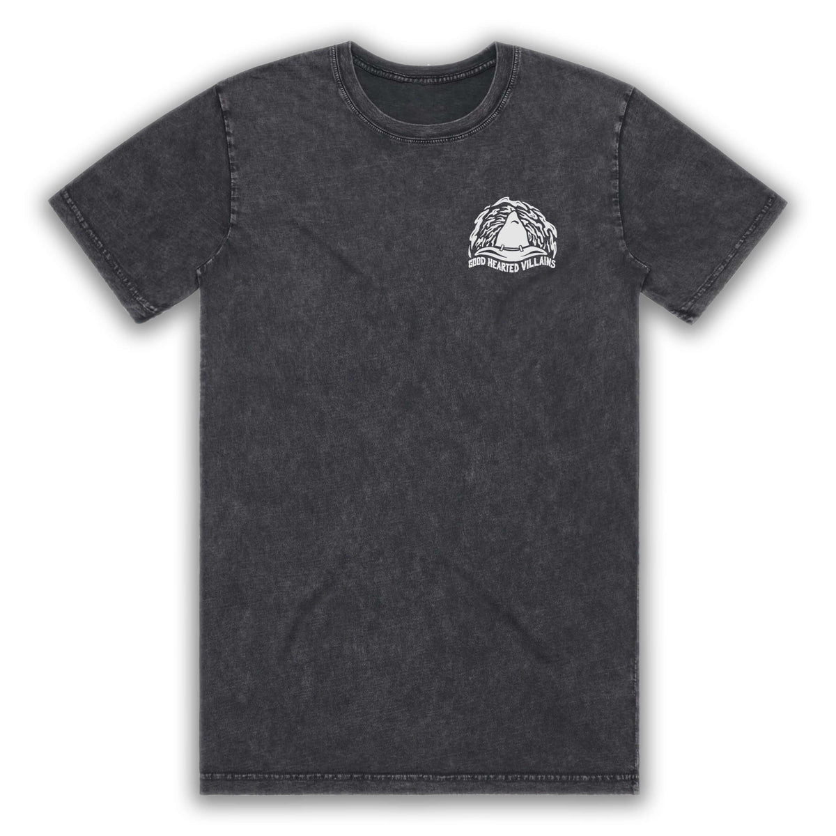Black t-shirt with a logo on the chest against a white background