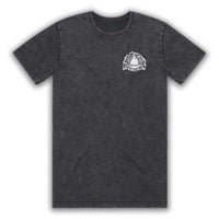 Black t-shirt with a logo on the chest against a white background