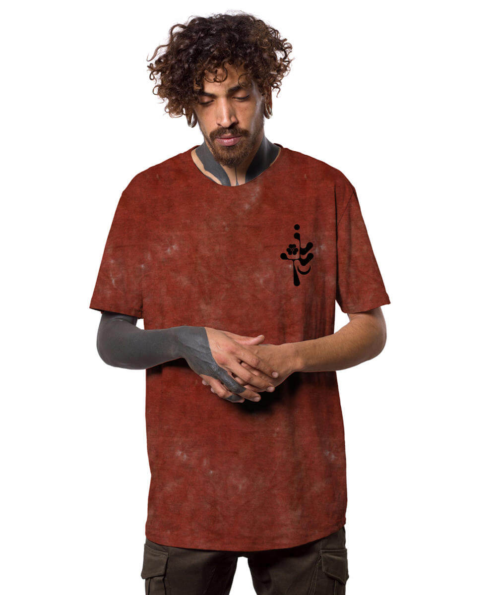 Man wearing a red t-shirt with a black design on a white background