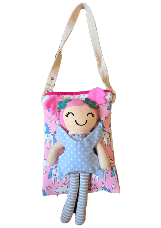 kids bag with toy that holds in the front pouch