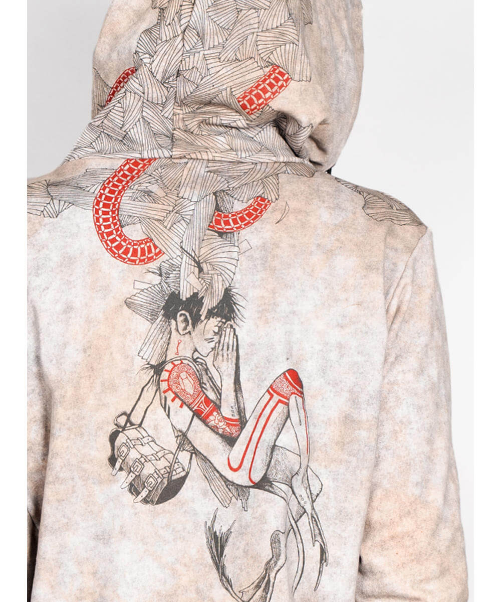 Hoodie with artistic design of a person and red crescent moon on a light background