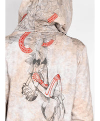 Hoodie with artistic design of a person and red crescent moon on a light background