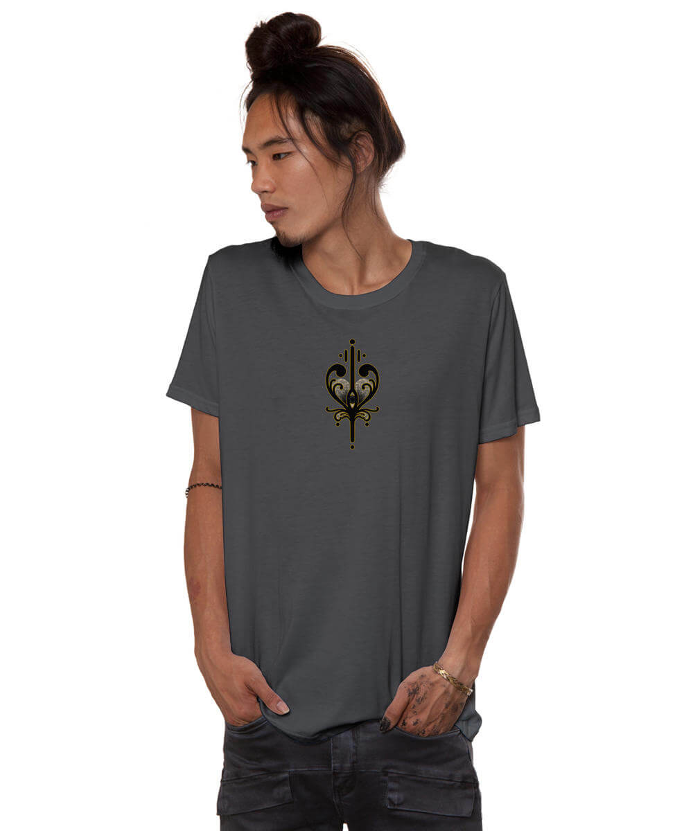 Person wearing a dark gray t-shirt with a graphic design on a white background