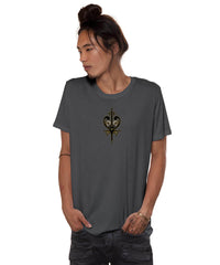 Person wearing a dark gray t-shirt with a graphic design on a white background