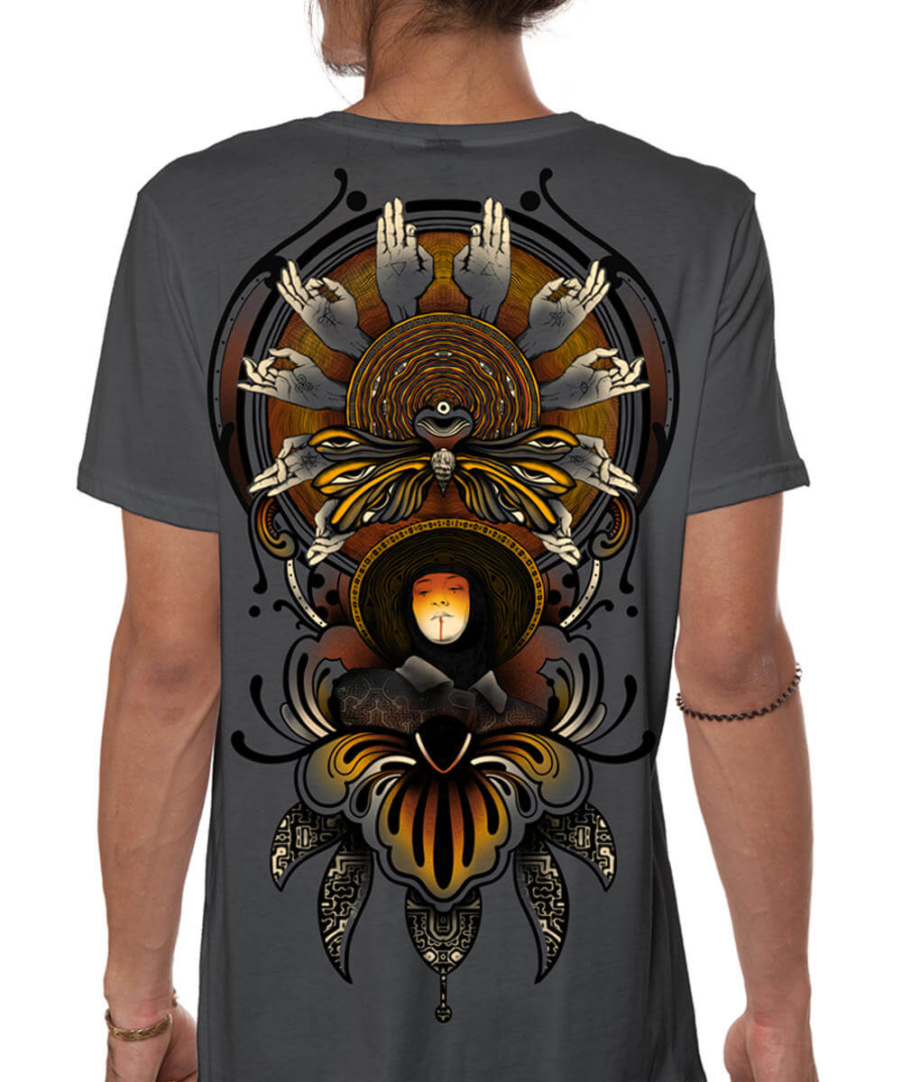 Gray t-shirt with a detailed design on the back, featuring hands and a central emblem.