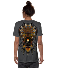 Person wearing a gray t-shirt with a detailed design on the back against a white background