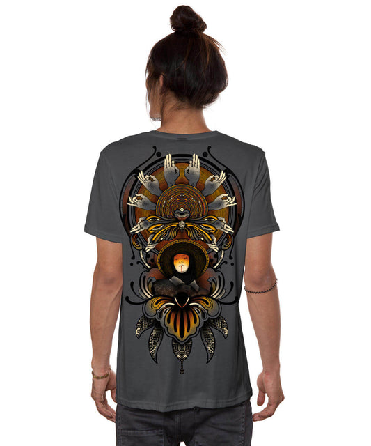 Person wearing a gray t-shirt with a detailed design on the back against a white background