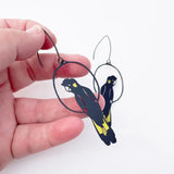 Hand holding a pair of earrings with parrot design on a white background