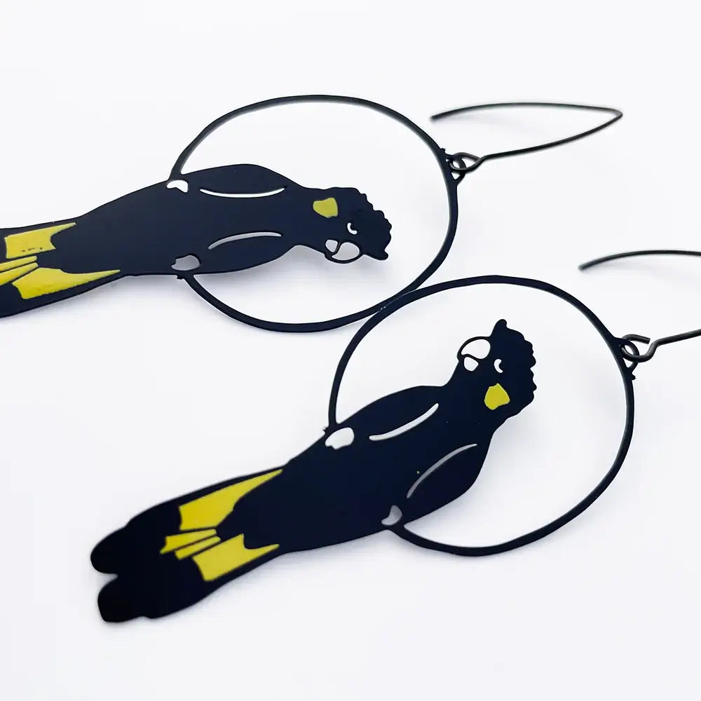 Black and yellow fish-shaped earrings on a white background