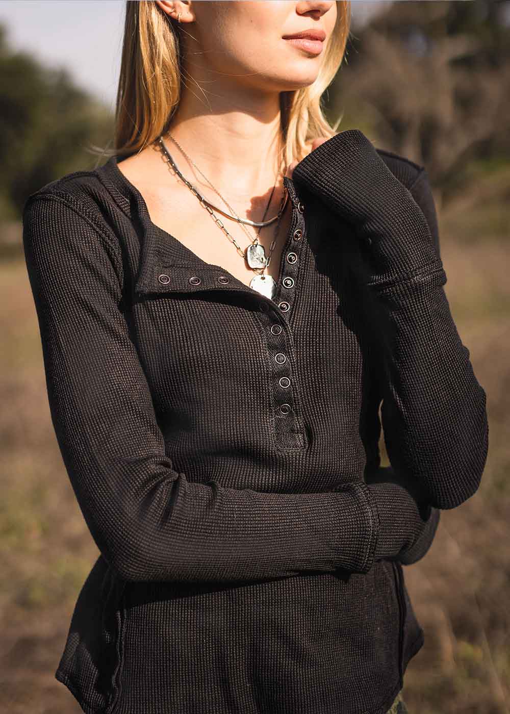 ladies long sleeve cotton waffle top by nomads hemp wear