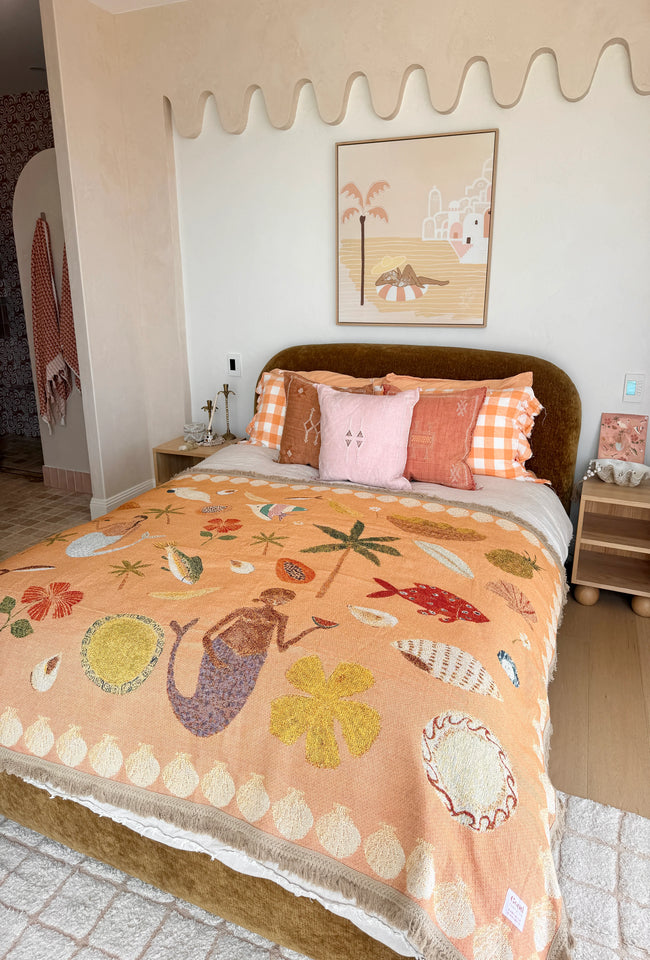 Abundance Art Throw Rug in earthy tones with colourful woven botanical and nature-inspired artwork