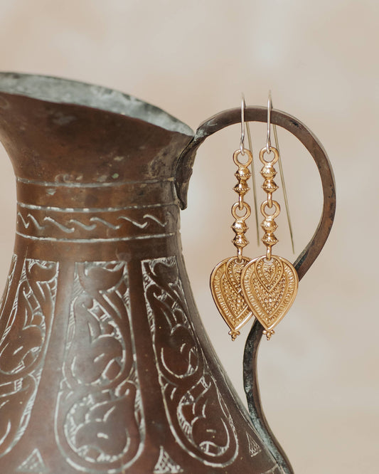 Aharya Earrings - Brass pair with intricate heart-shaped drop detailing