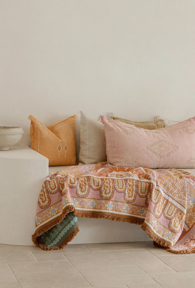 Pink recycled cotton Indigenous throw blanket featuring Alkira artwork for bed or lounge