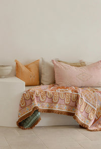 Pink recycled cotton Indigenous throw blanket featuring Alkira artwork for bed or lounge