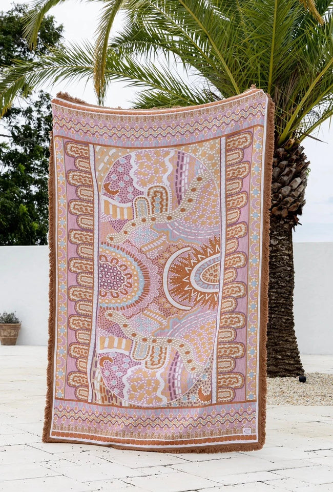 Alkira Pink Indigenous art throw rug in recycled cotton with woven artwork