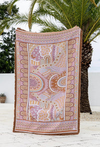 Alkira Pink Indigenous art throw rug in recycled cotton with woven artwork