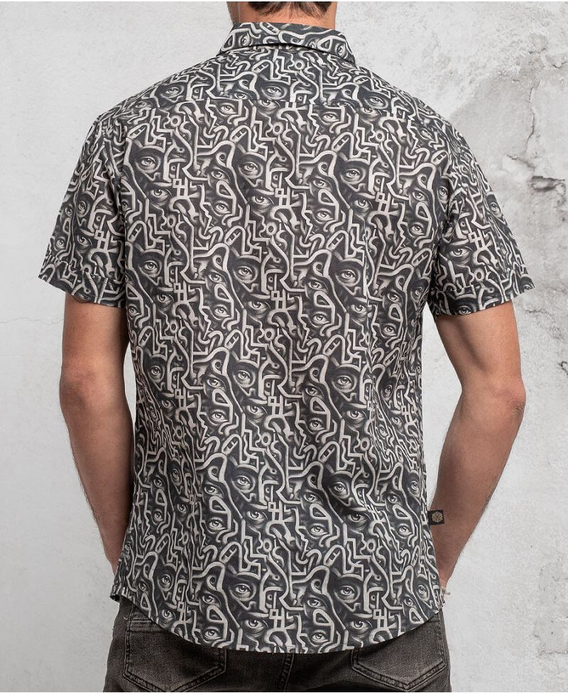 man in trippy print shirt with hidden eyes  made from 100% cotton
