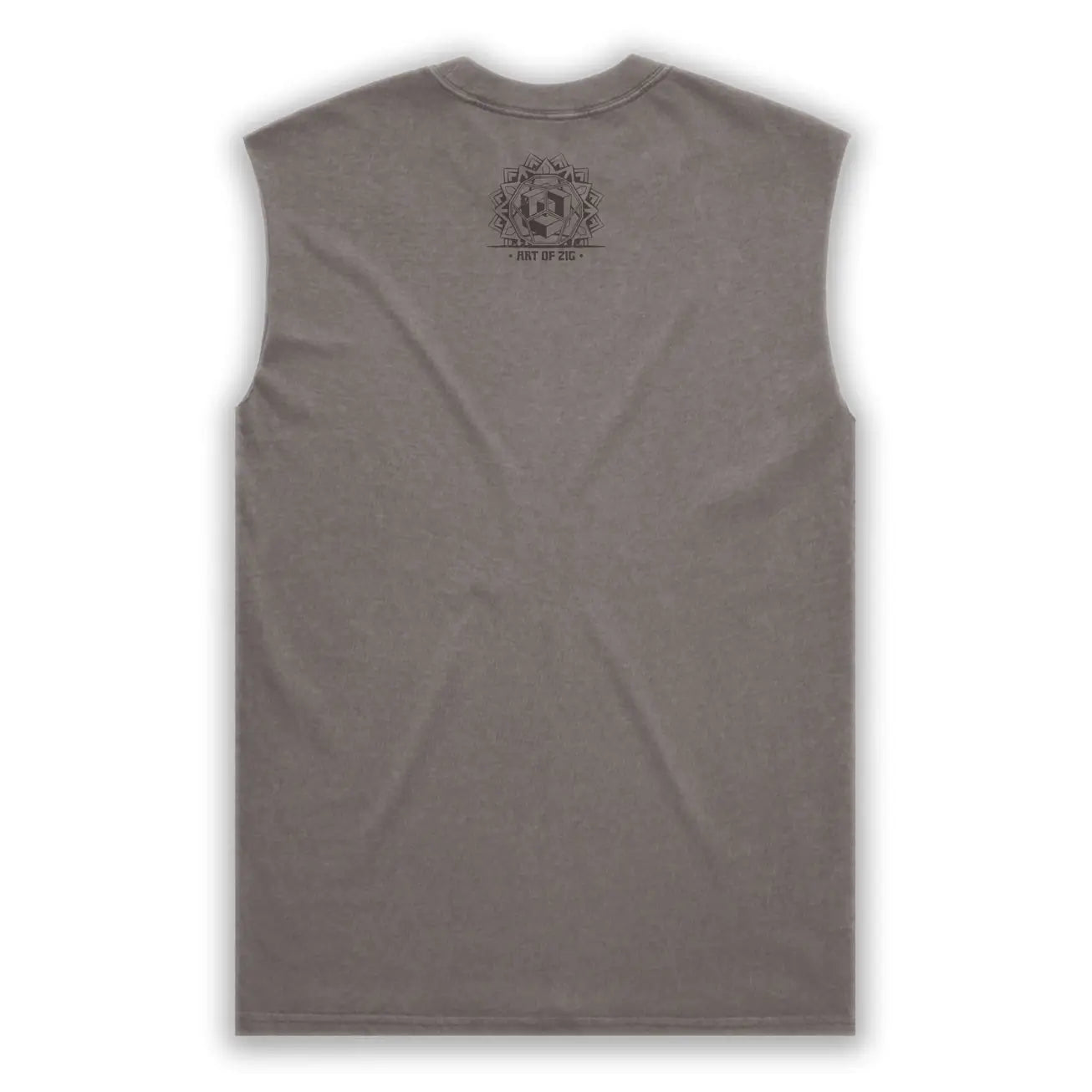 Gray sleeveless shirt with a logo on the back against a white background