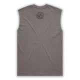 Gray sleeveless shirt with a logo on the back against a white background