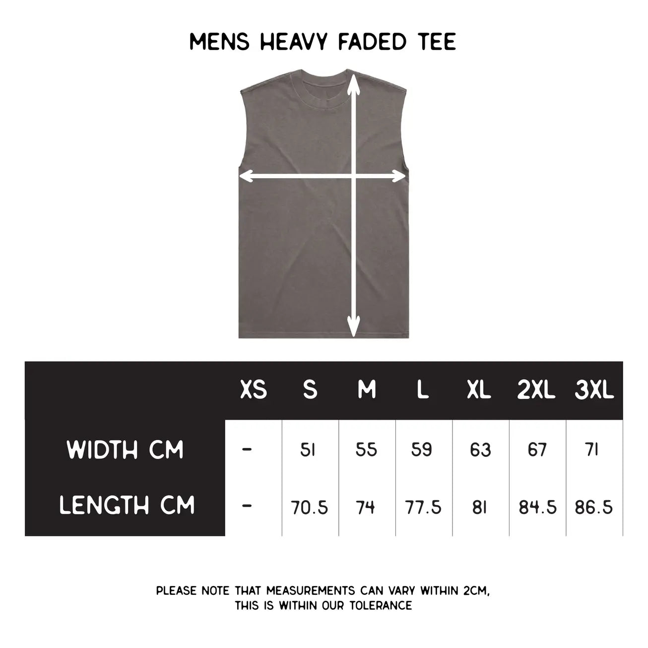 Measurement chart for a men's heavy faded tee with size chart on a white background