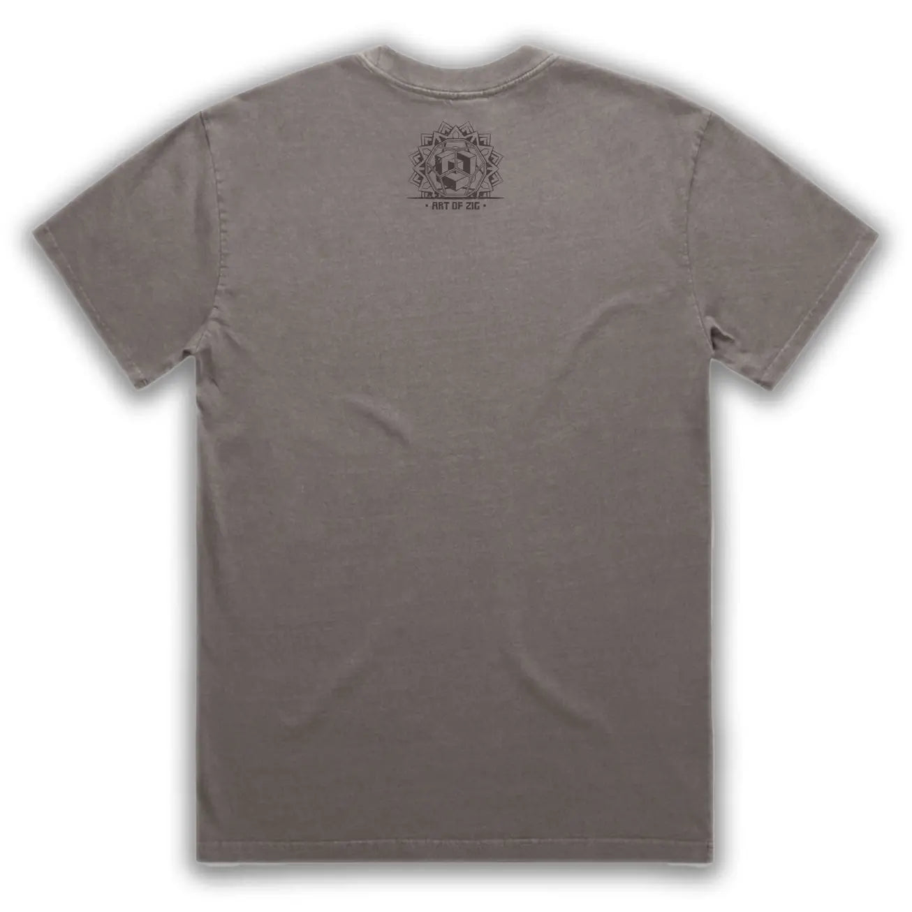 Gray t-shirt with a logo on the back against a white background