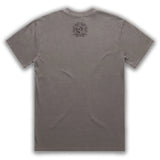Gray t-shirt with a logo on the back against a white background
