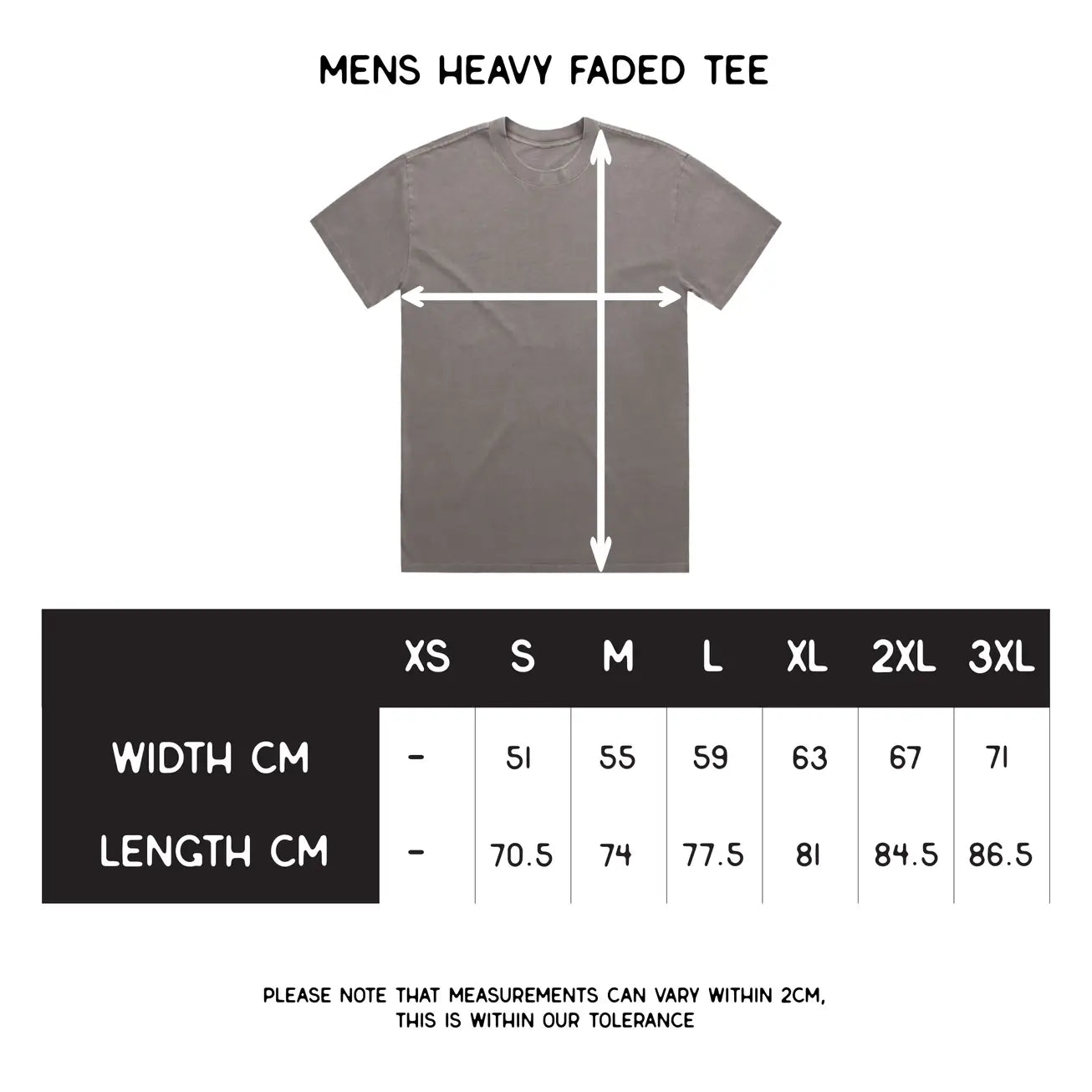 Measurement chart for a men's heavy faded tee with size chart on a white background