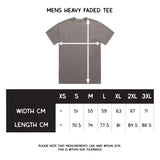 Measurement chart for a men's heavy faded tee with size chart on a white background
