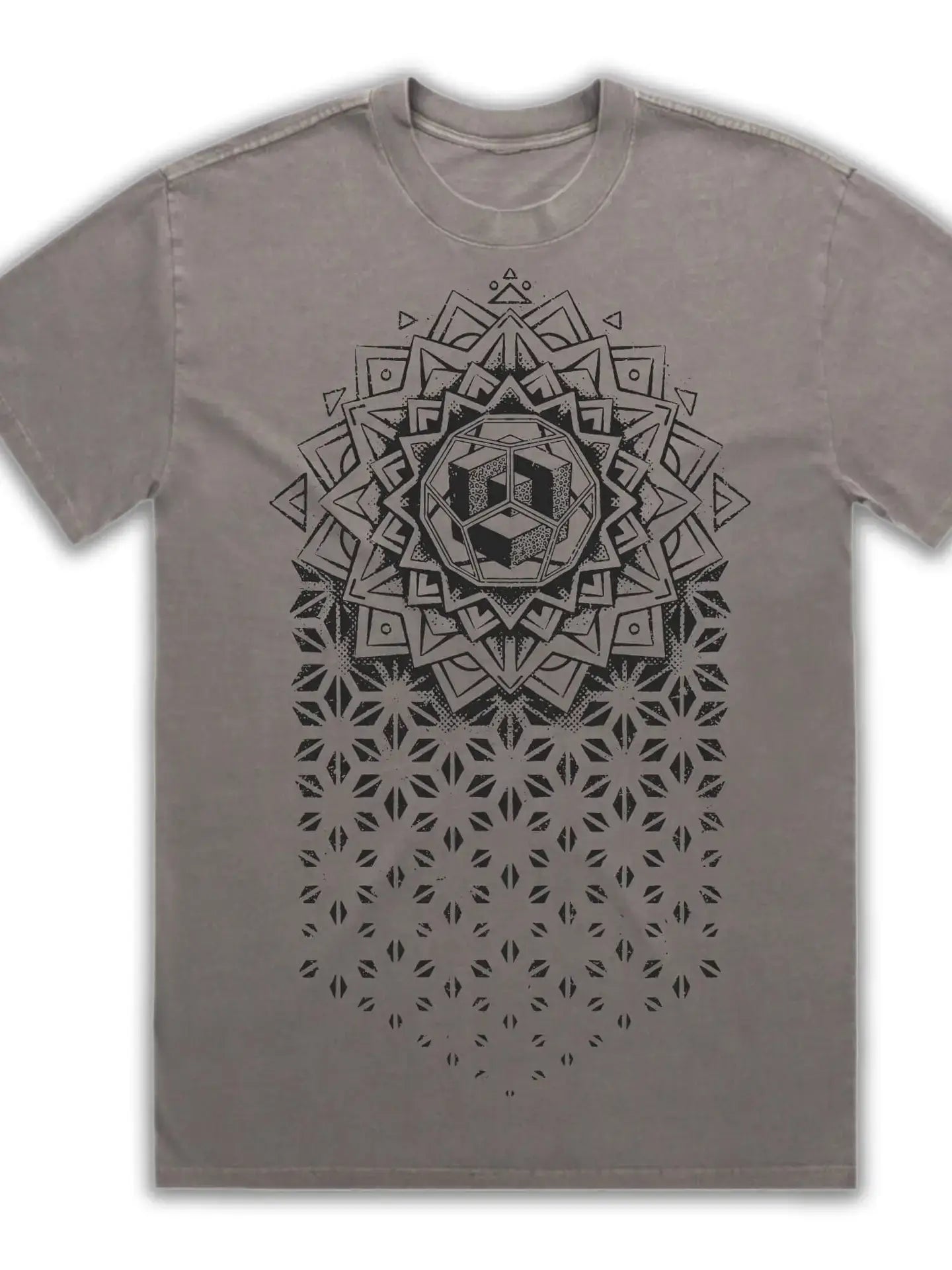 Gray t-shirt with black geometric design on a white background