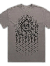 Gray t-shirt with black geometric design on a white background