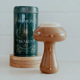 Green cylindrical container labeled 'Harmoni Awaken' next to a brown mushroom-shaped object on a light background