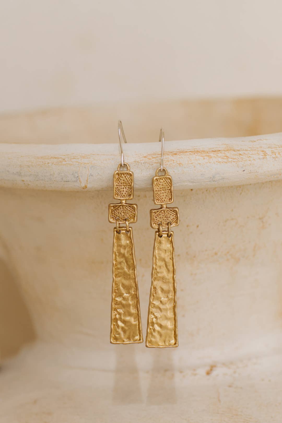 Ayana Earrings - Brass pair of long hammered brass earrings with sterling silver hooks