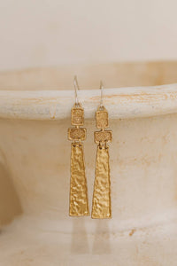 Ayana Earrings - Brass pair of long hammered brass earrings with sterling silver hooks