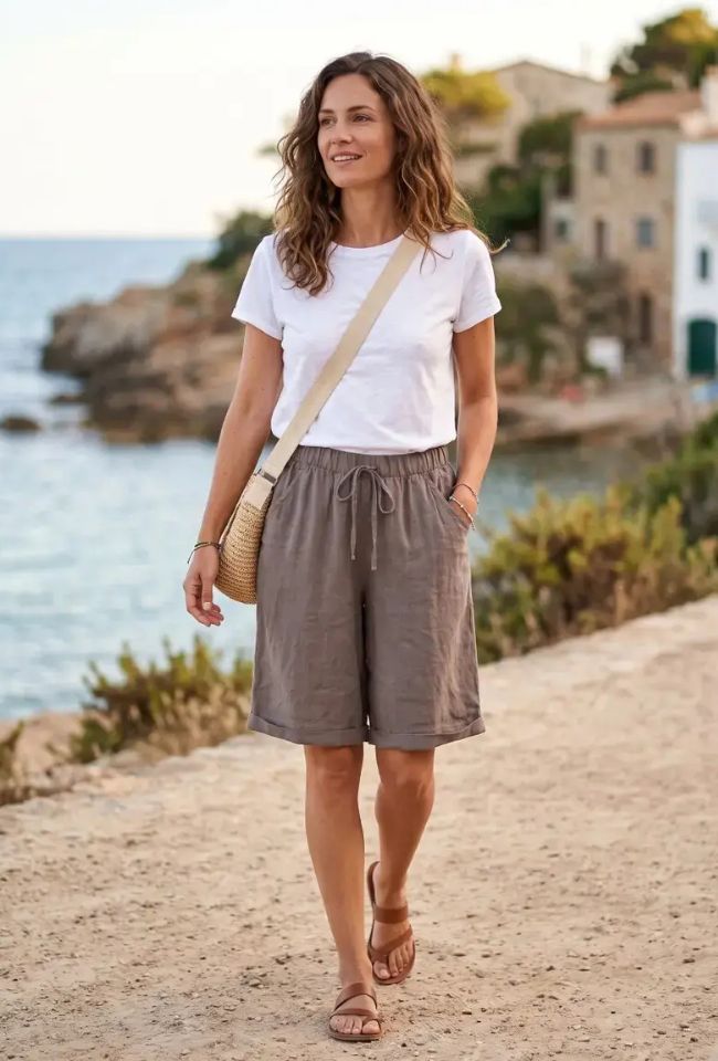 Women's Bermuda Linen Shorts in a classic, relaxed style.