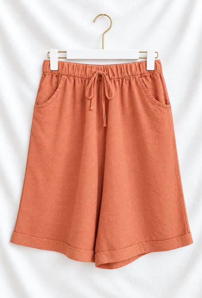 A pair of terracotta-colored linen shorts with an elastic drawstring waist and side pockets, hanging on a white hanger with a gold hook against a white fabric backdrop.