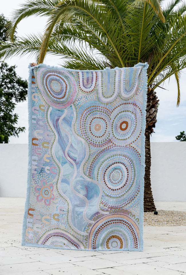Blue Ocean Indigenous art throw rug in recycled cotton with woven artwork