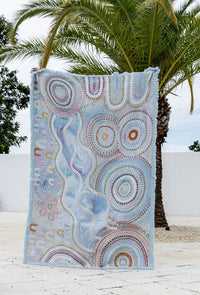 Blue Ocean Indigenous art throw rug in recycled cotton with woven artwork