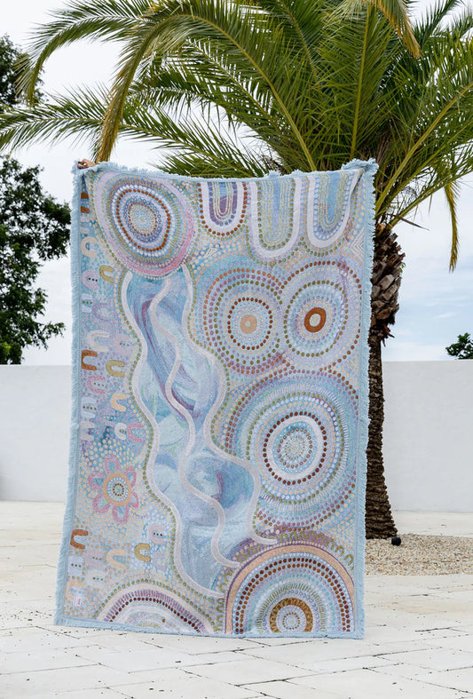 Blue Ocean Indigenous art throw rug in recycled cotton with woven artwork