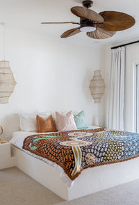 Recycled cotton Indigenous throw blanket featuring Buggeiri Open Land artwork for bed or lounge
