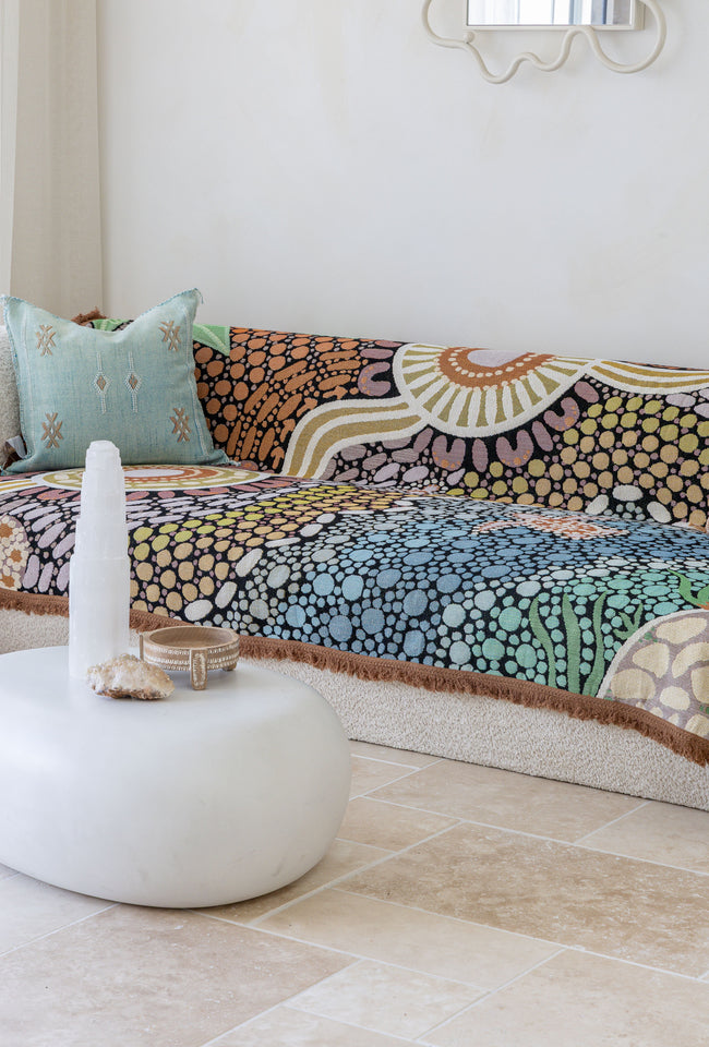Buggeiri Open Land woven throw featuring Indigenous artwork by Taylor-Lee of Ochre Sisters