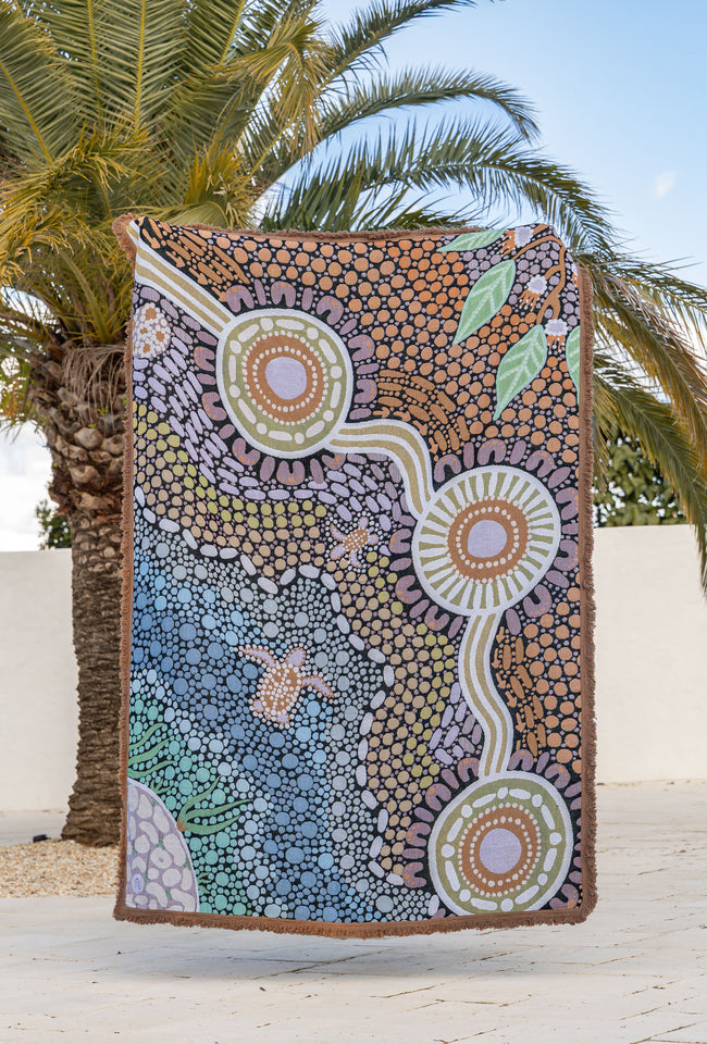 Buggeiri Open Land Indigenous art throw rug in recycled cotton with vibrant woven artwork
