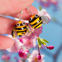 Handcrafted Bumble Bee Glass Drop Earrings with yellow and black glass bees
