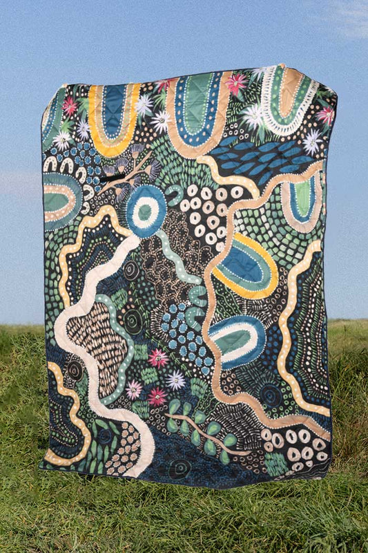 Indigenous Art Folding Picnic Rug - By The Waterhole