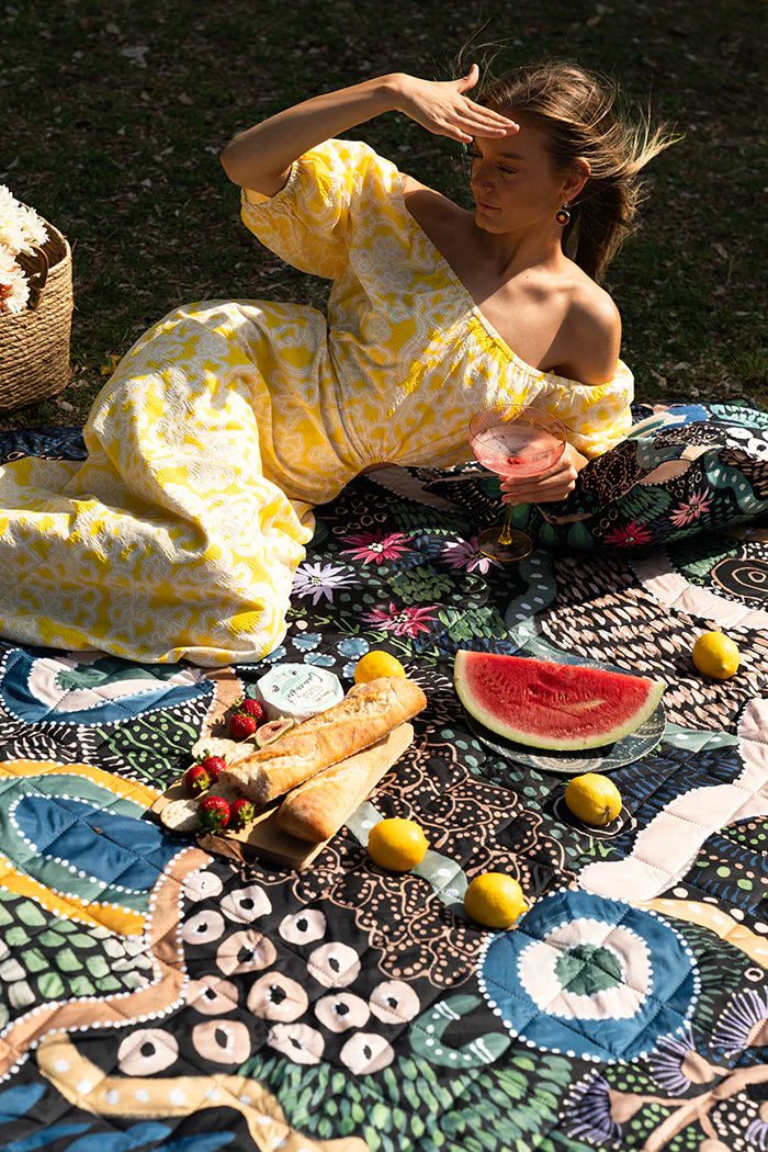 Indigenous Art Folding Picnic Rug - By The Waterhole