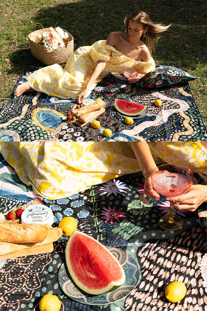 Indigenous Art Folding Picnic Rug - By The Waterhole