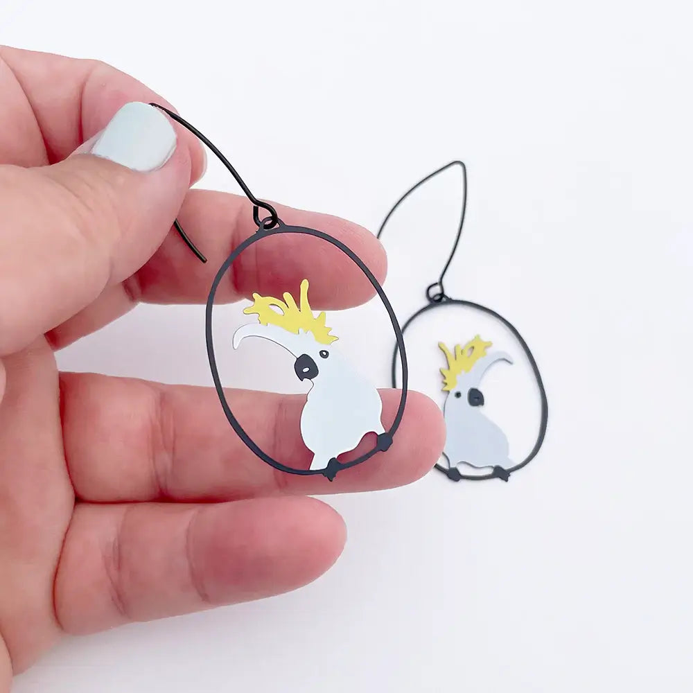 Hand holding a pair of earrings with bird design on a white background